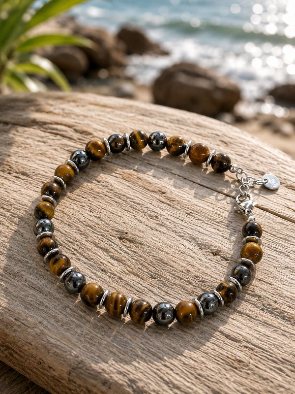 Natuursteenarmband op stevige staaldraad met karabijnsluiting. Gouden tijgeroog en hematiet
