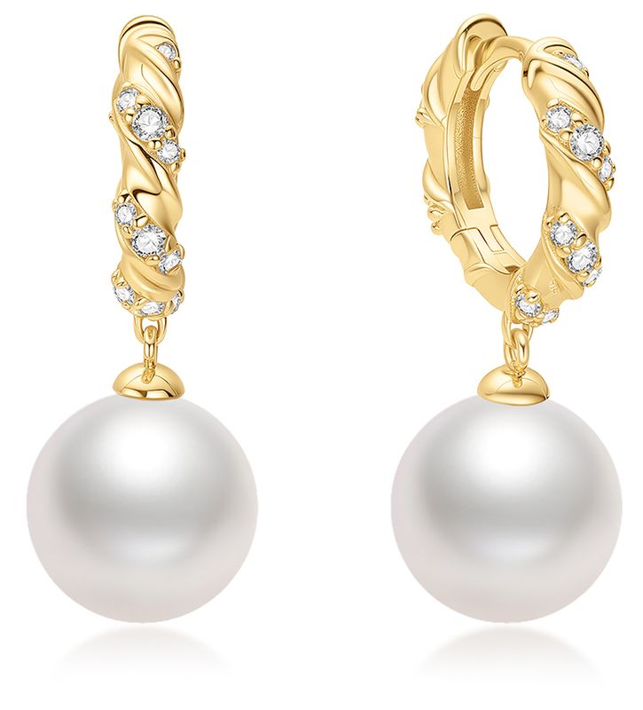 GOLD SHELL PEARL DANGLING TWISTED HUGGIE HOOP EARRINGS
