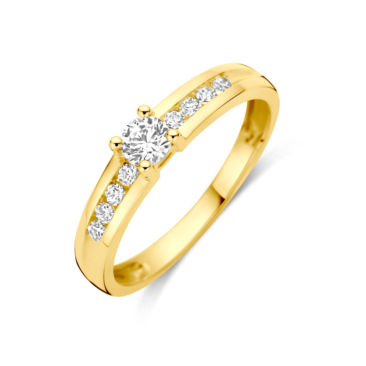 9k ring met centrale zirkonia en extra steentjes erlangs., Maat: 52