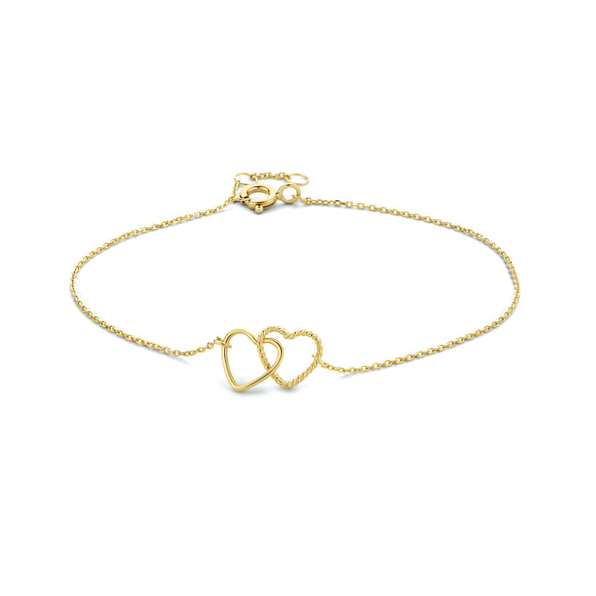 9k Geelkleurige armband uitgevoerd met twee hartjes.