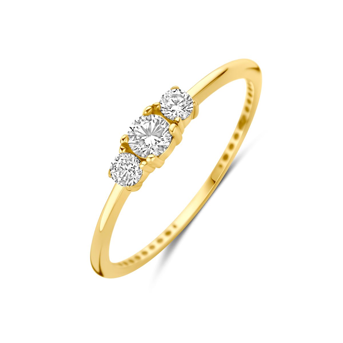 9k Geel kleurige ring uitgevoerd met 3 zirkonia., Maat: 50