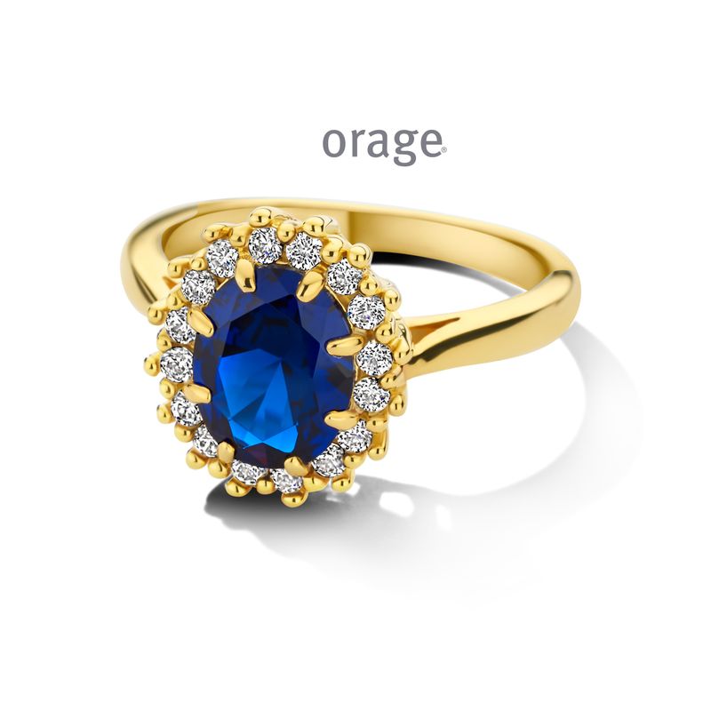 BC172 Ring entourage verguld geel, blauwe cz (V/39)