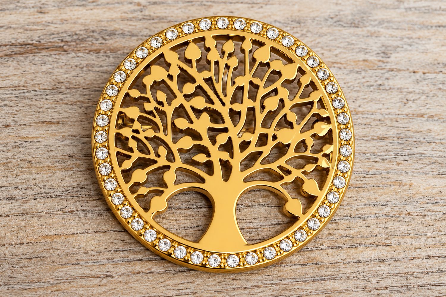 Broche cirkel met levensboom en blinkertjes rondom