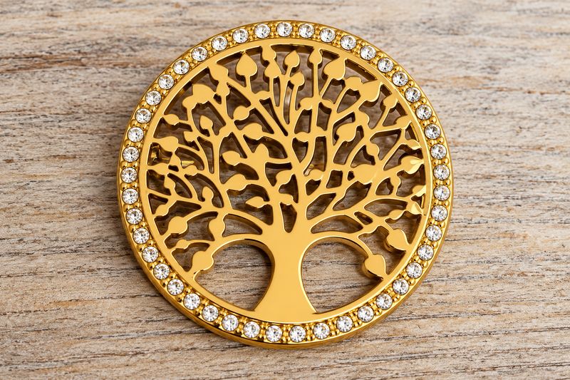 Broche cirkel met levensboom en blinkertjes rondom