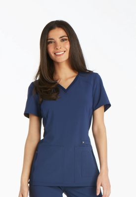 Women&#39;s V-Neck Knit Panel Solid Scrub Top