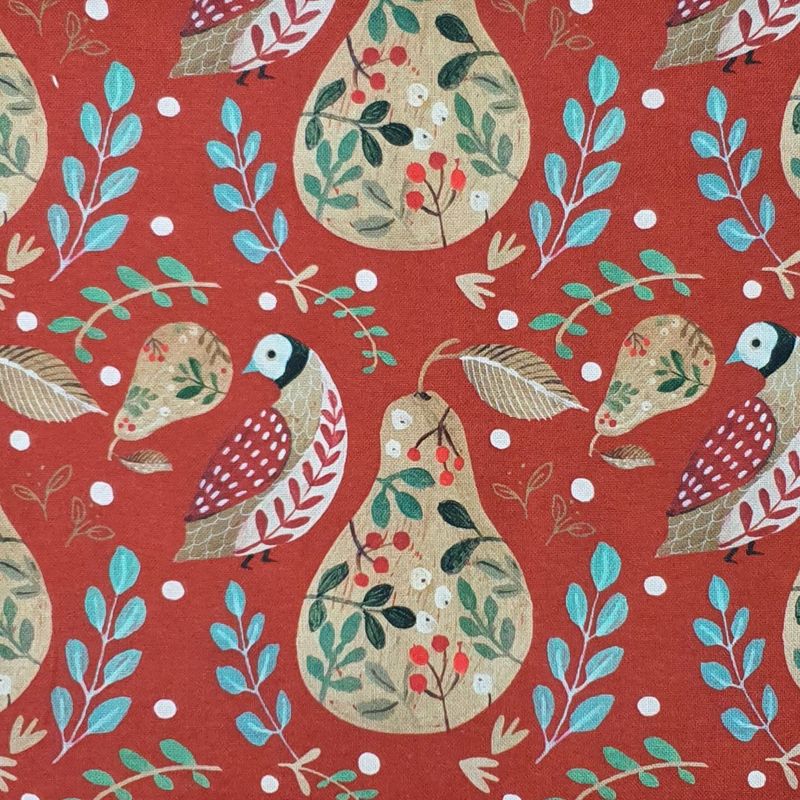 Rojo con pájaros y peras
