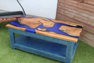 Blue epoxy and mesquite coffee table