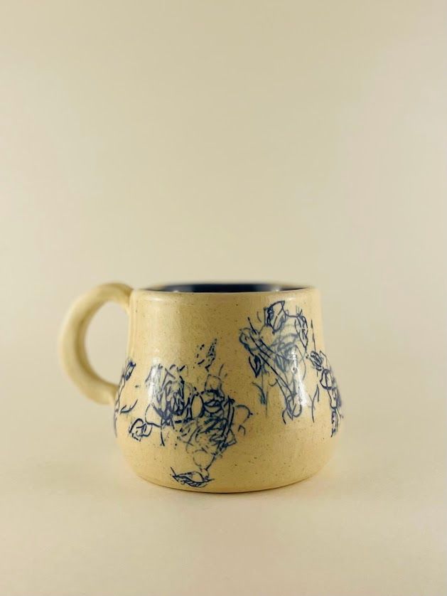 Abstract Flower Mug - 3.5in White/Blue