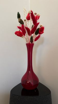 Glazen vaasje rood (optie met kerstdeco)