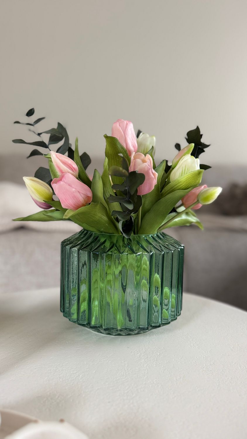 Boeket tulpen roze/wit + eucalyptus