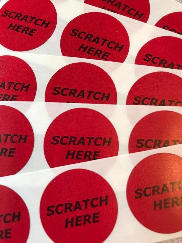 Red "Scratch here"  Scratch Off stickers