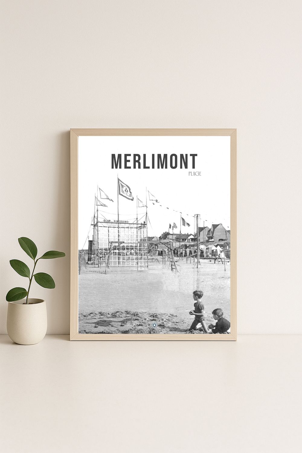 Affiche rétro noir et blanc Merlimont : Club de plage les Pingouins · la plage, Hauts-de-France