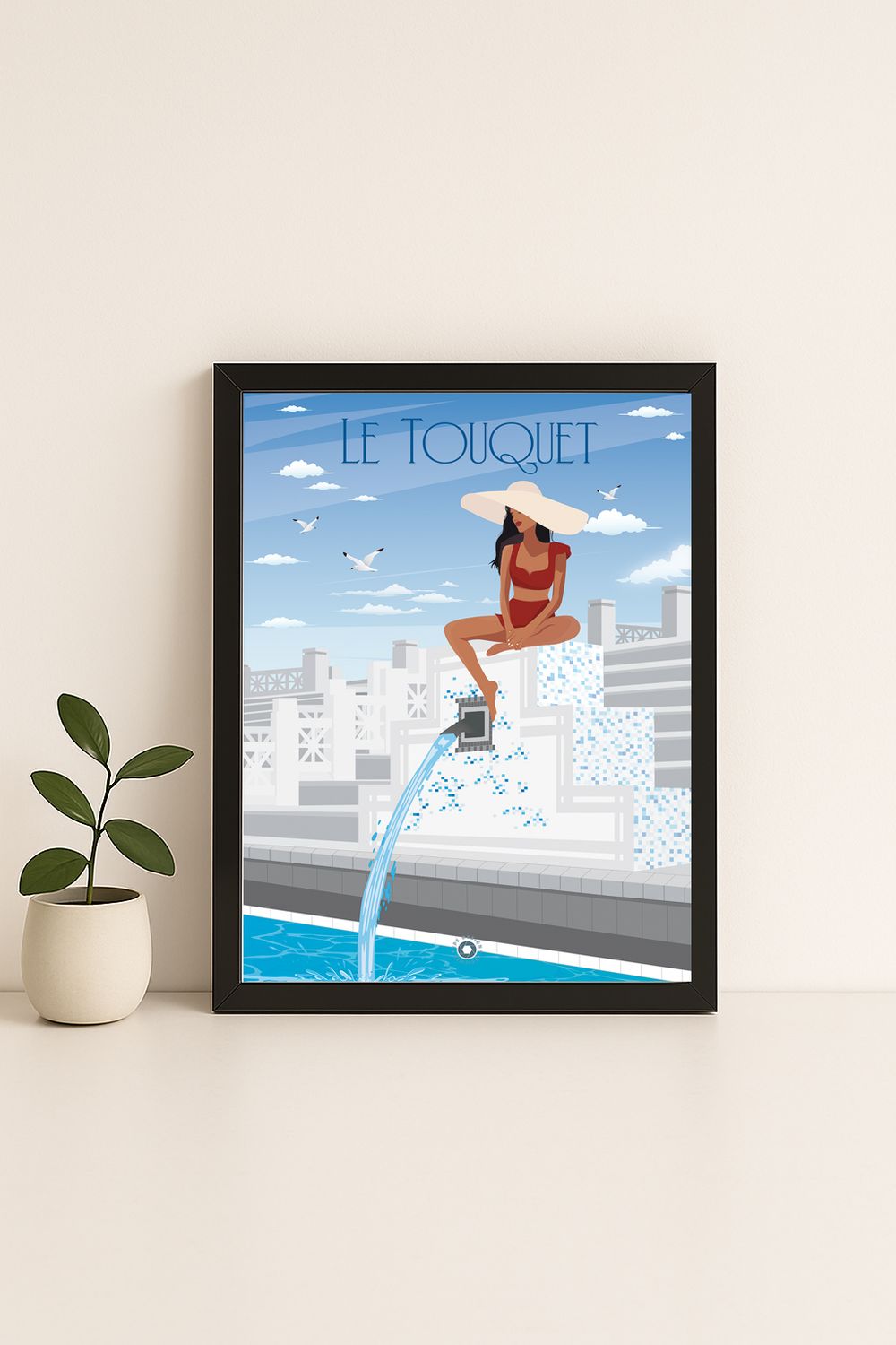 Affiche graphique illustrée Le Touquet-Paris-Plage : dame assise au bord de la piscine, Hauts-de-France