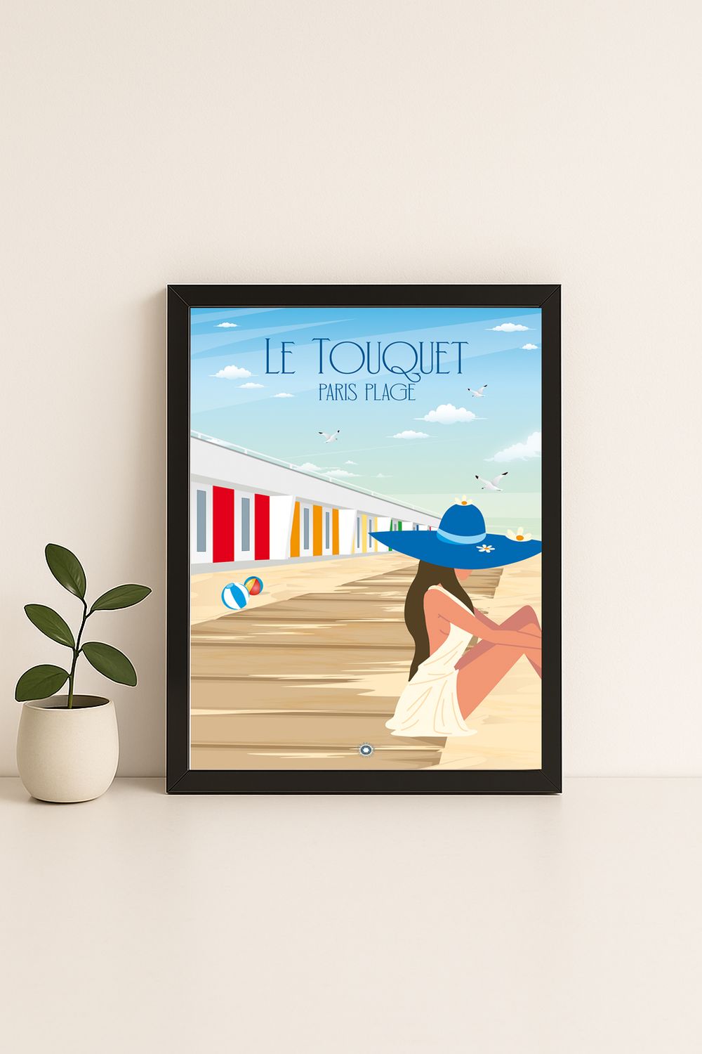 Affiche graphique illustrée Le Touquet-Paris-Plage : les cabine de plage · dame assise sur les planches, Hauts-de-France