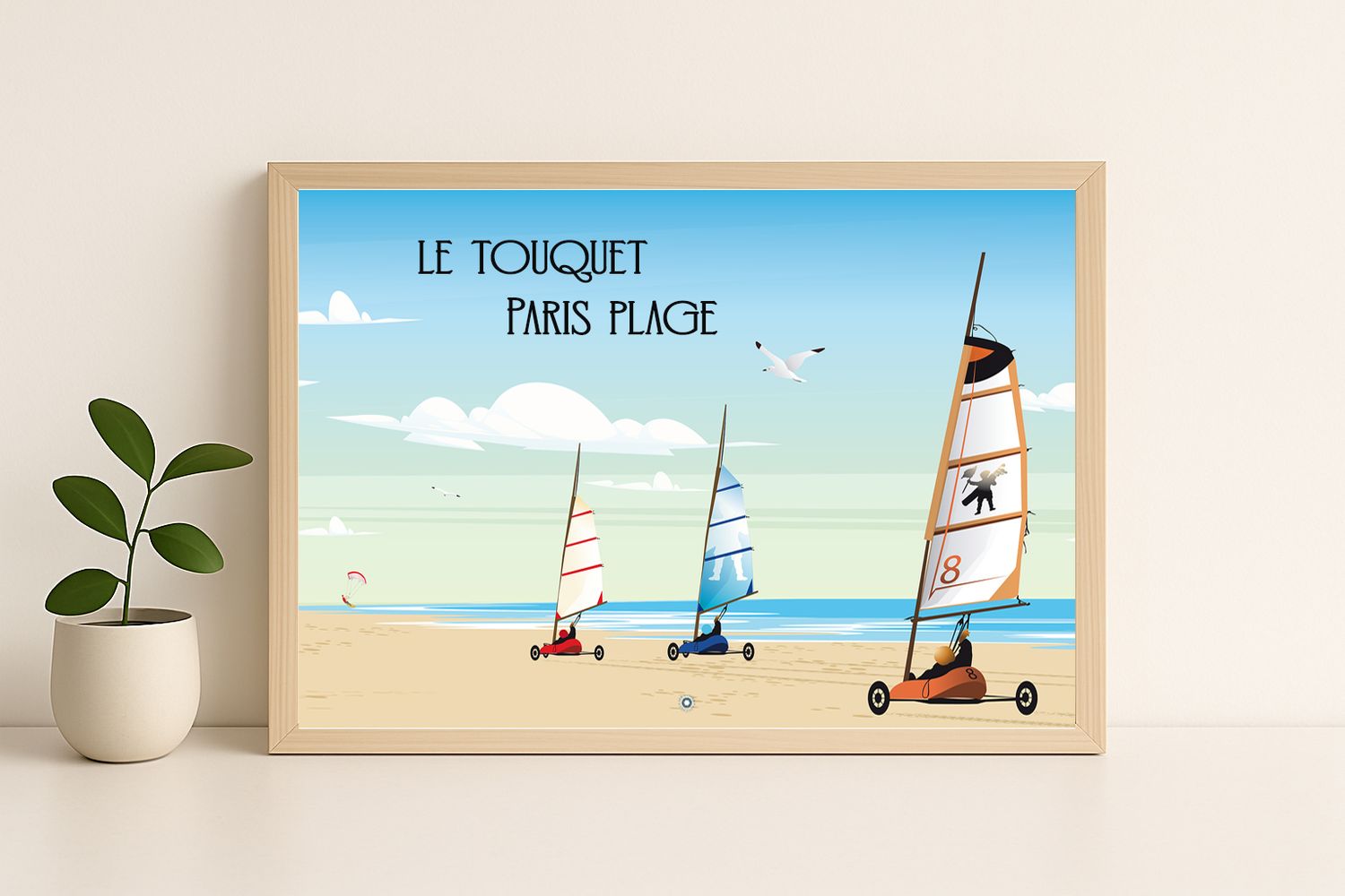 Affiche graphique illustrée Le Touquet-Paris-Plage : les chars a voile · theme sport, Hauts-de-France