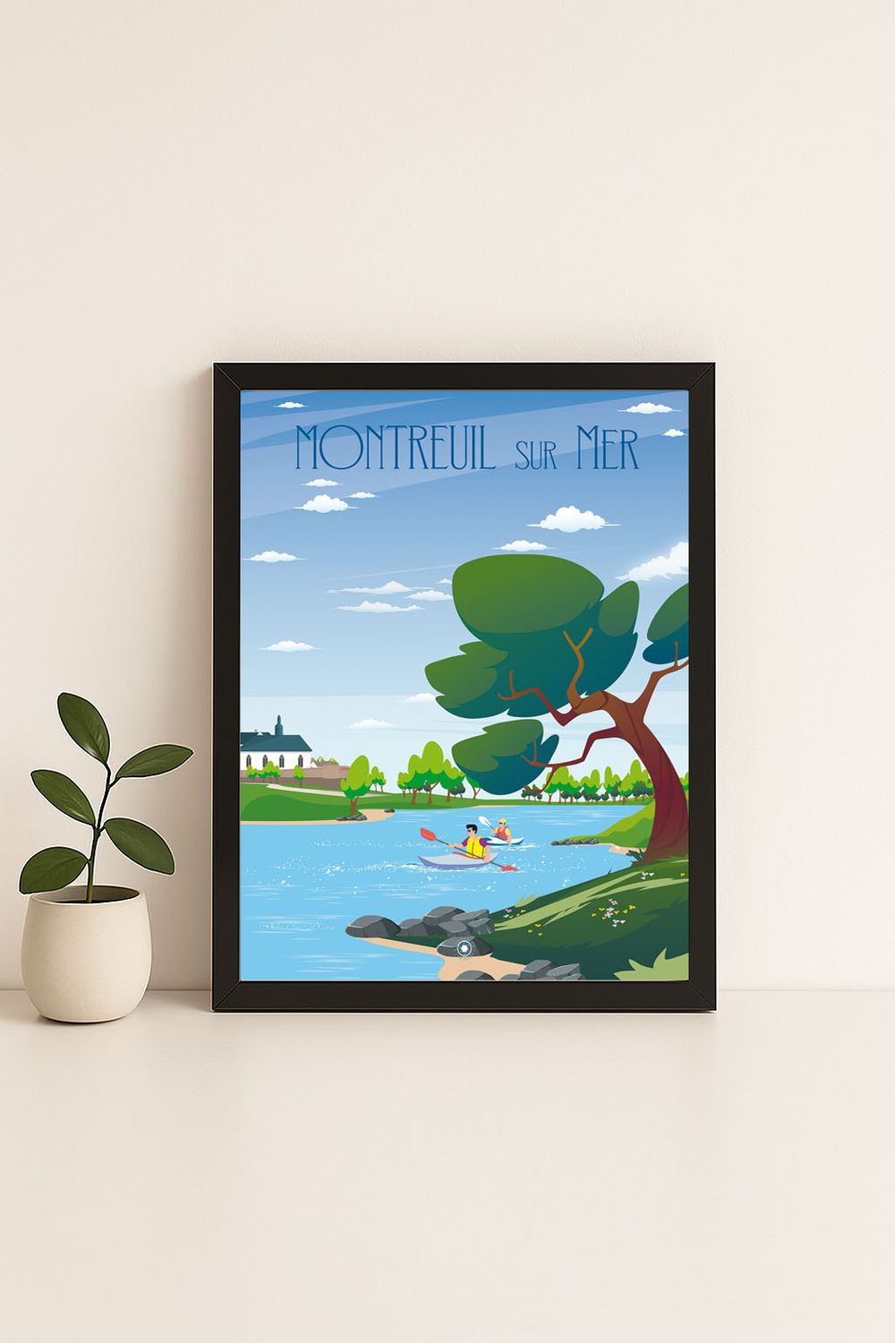 Affiche graphique illustrée Montreuil-sur-Mer : descente en kayak, Hauts-de-France