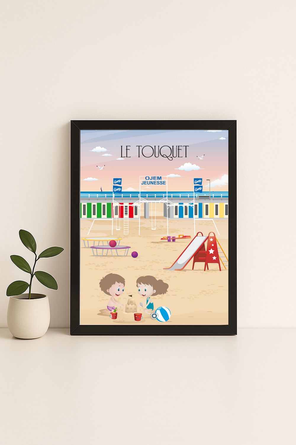 Affiche graphique illustrée Le Touquet-Paris-Plage : stade de plage Ojem, Hauts-de-France