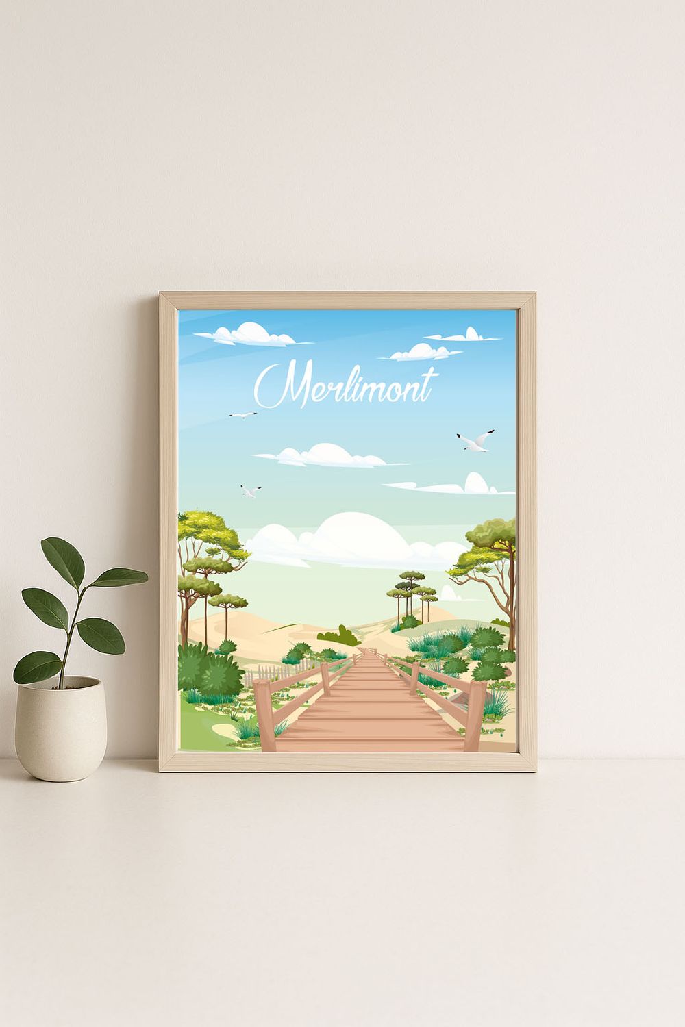 Affiche graphique illustrée Merlimont : plage · le pontont · les dunes, Hauts-de-France