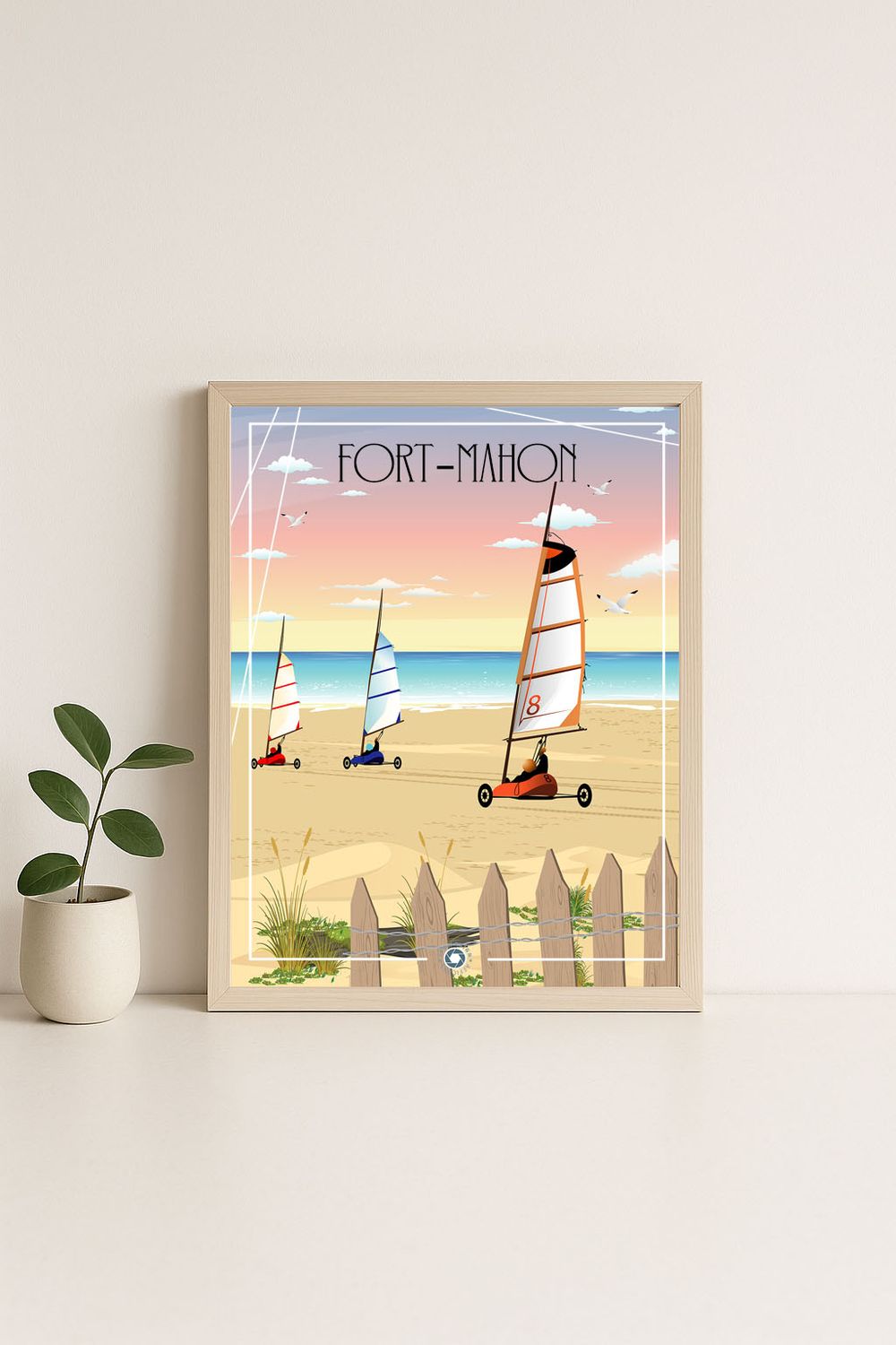 Affiche graphique illustrée Fort Mahon : chars a voile · la somme, Hauts-de-France