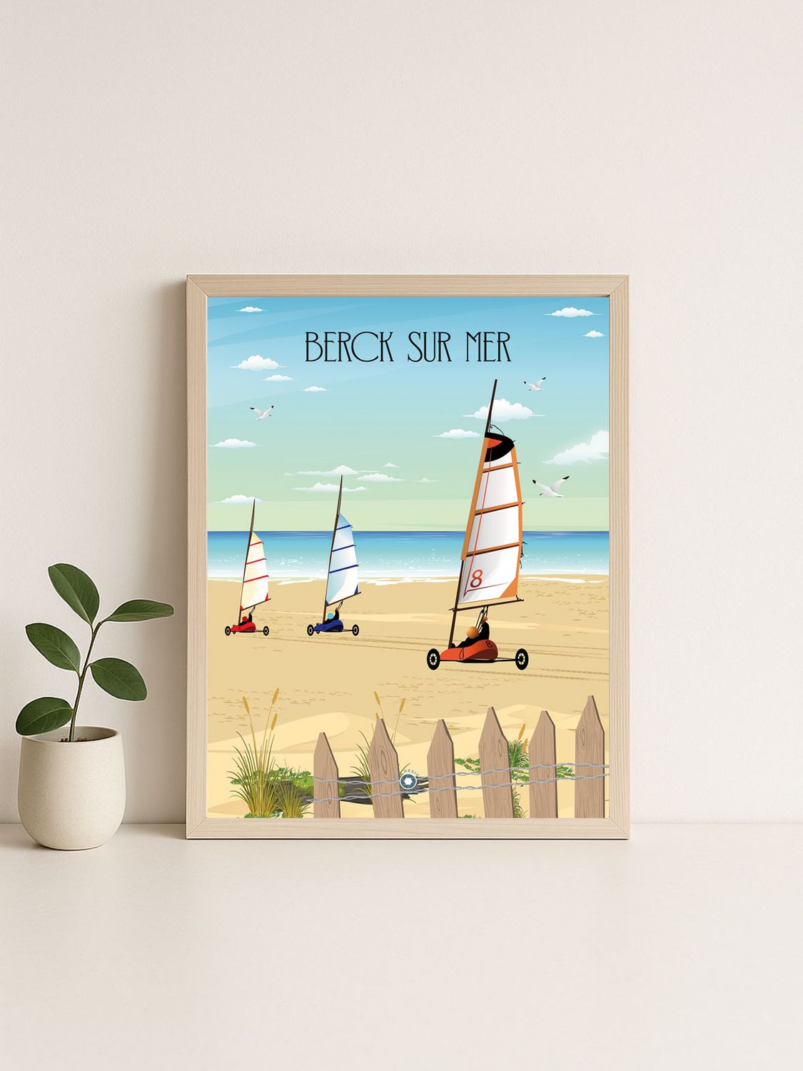 Affiche graphique illustrée Berck : PLAGE · les chars a voile · cote d'opale, Hauts-de-France