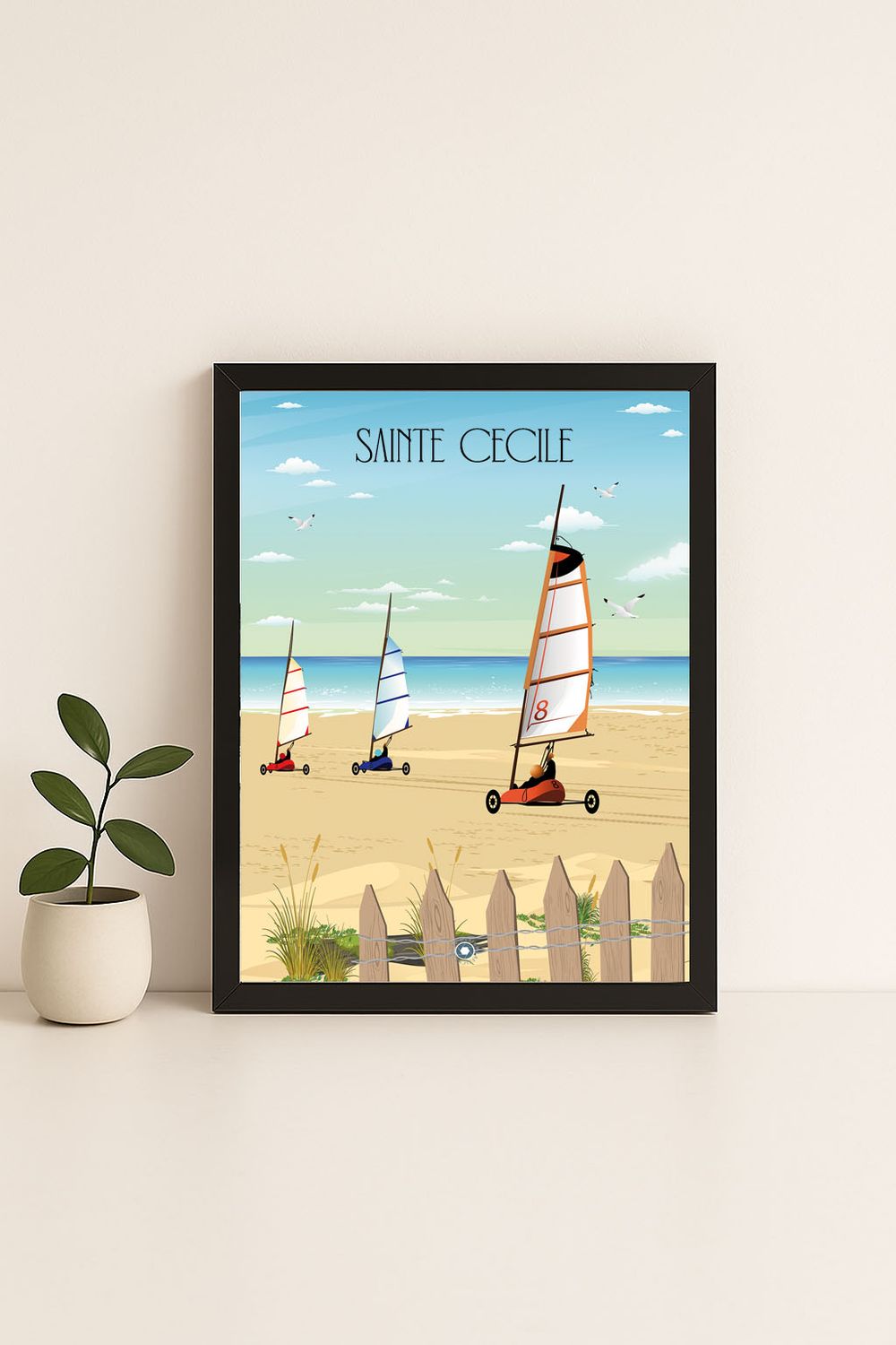 Affiche graphique illustrée Sainte Cecile : SAINTE-CéCILE · les chars a voile, Hauts-de-France