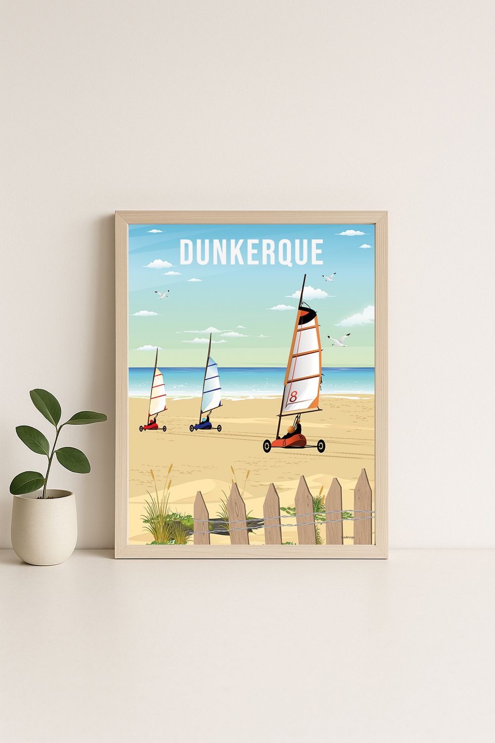 Affiche graphique illustrée Dunkerque : char a voile, Hauts-de-France