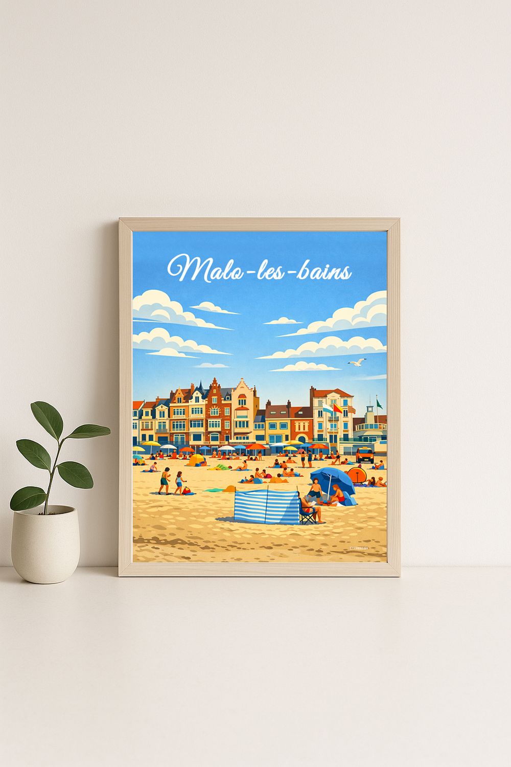 Affiche graphique illustrée Malo les Bains : la plage · cote d'opale, Hauts-de-France