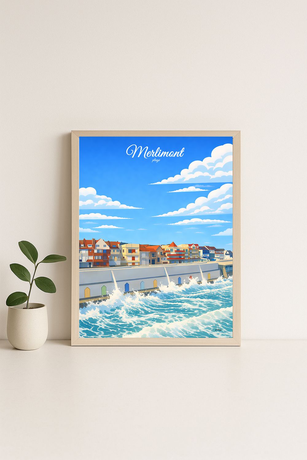 Affiche graphique illustrée Merlimont : la plage · la mer, Hauts-de-France