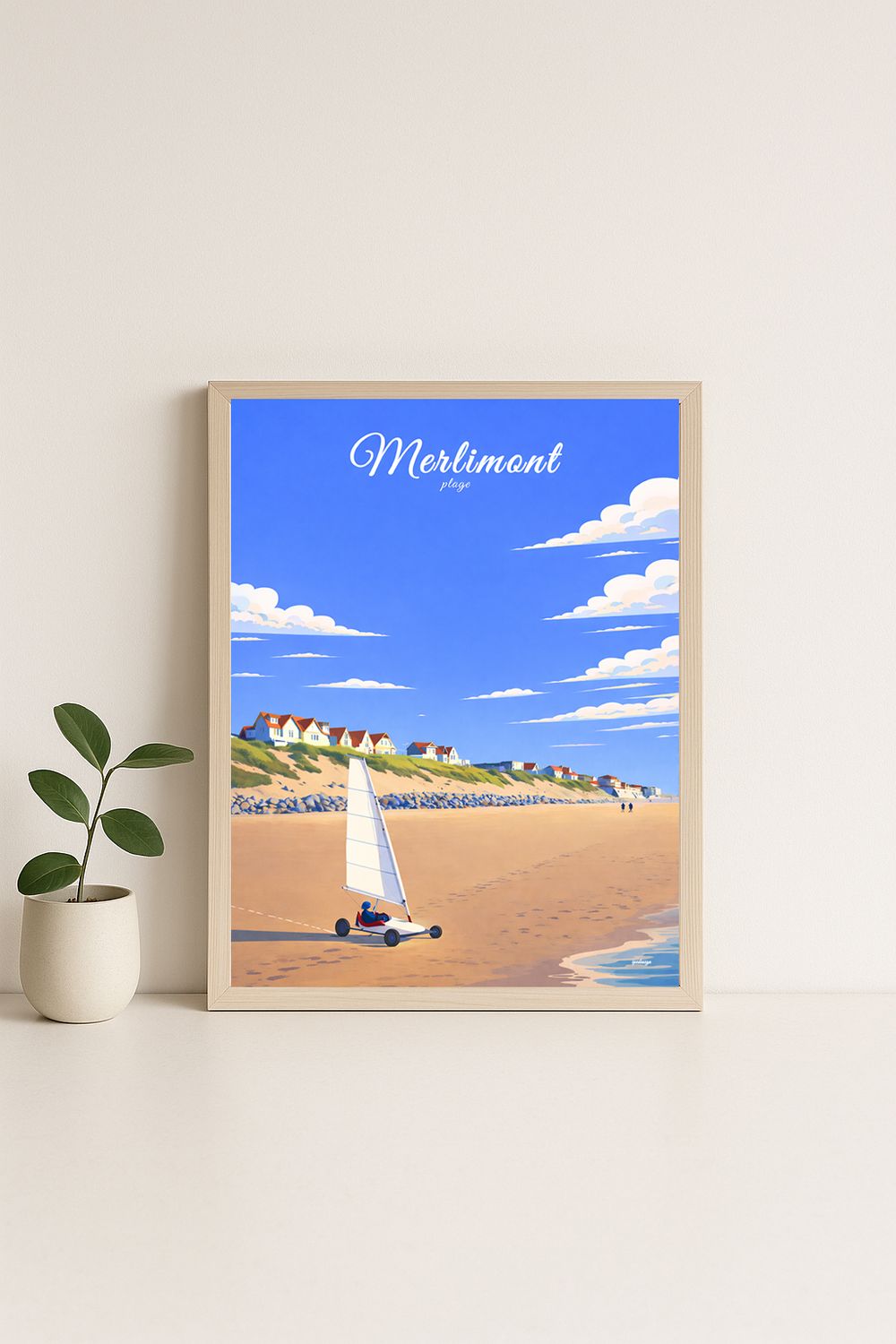 Affiche graphique illustrée Merlimont : la plage · char a voile · sport, Hauts-de-France
