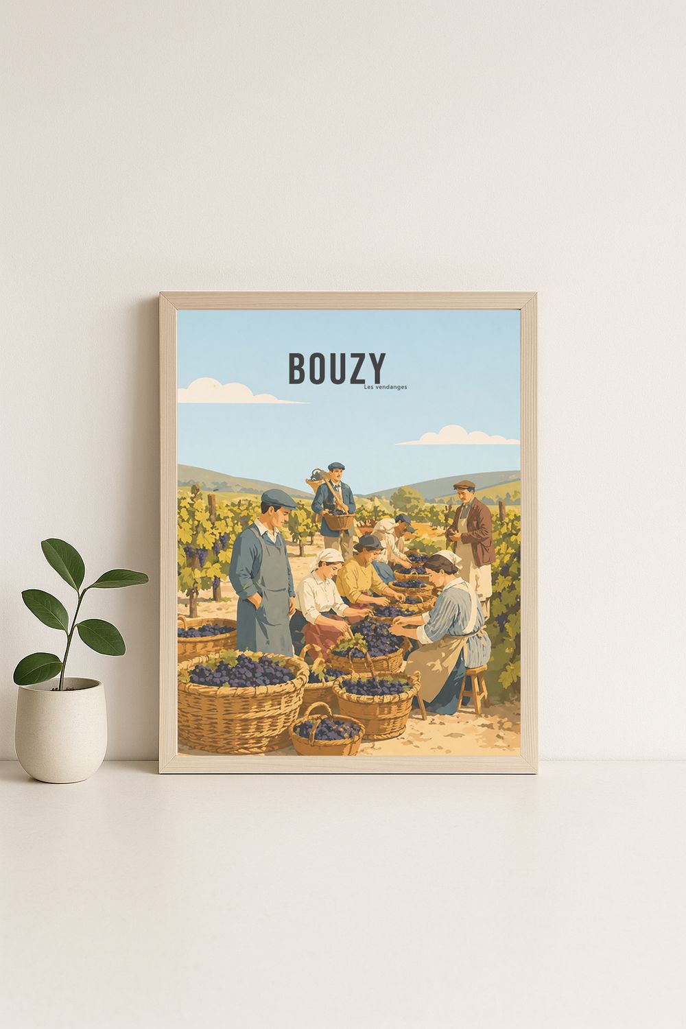 Affiche graphique illustrée Bouzy : vignoble · vendange, Grand Est