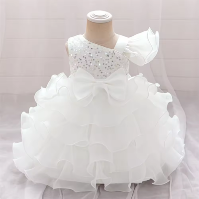 Elegant, white floral printed ball gown