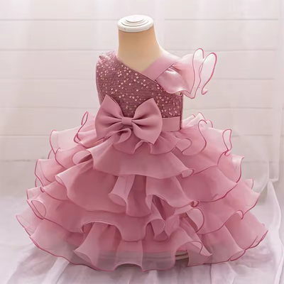 Dark Pink Sequin Ruffle Ball Gown