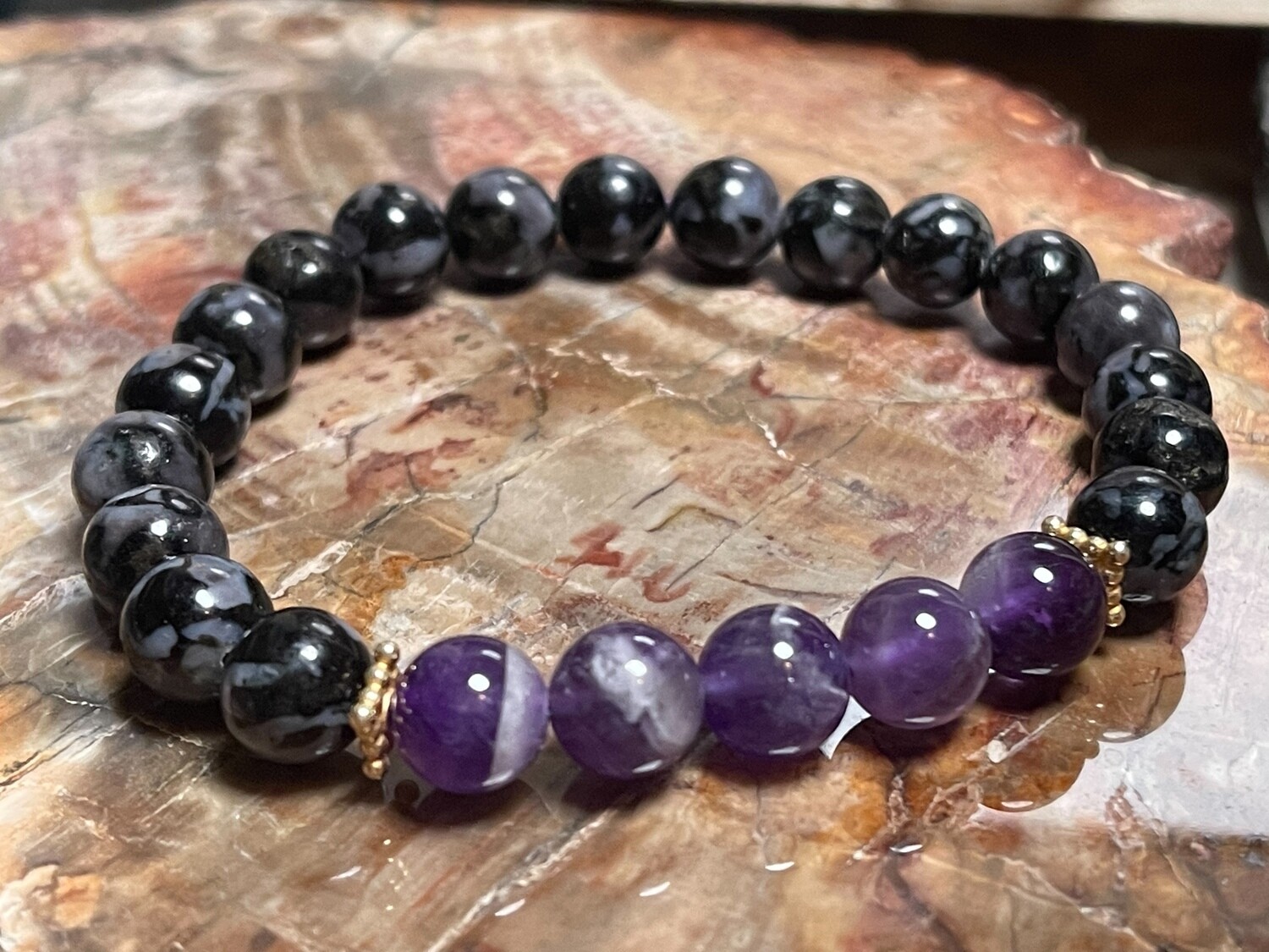Zen - Intuition: Indigo Gabbro, Amethyst &amp; &#39;Vermeil&#39; Stretchy Bracelet