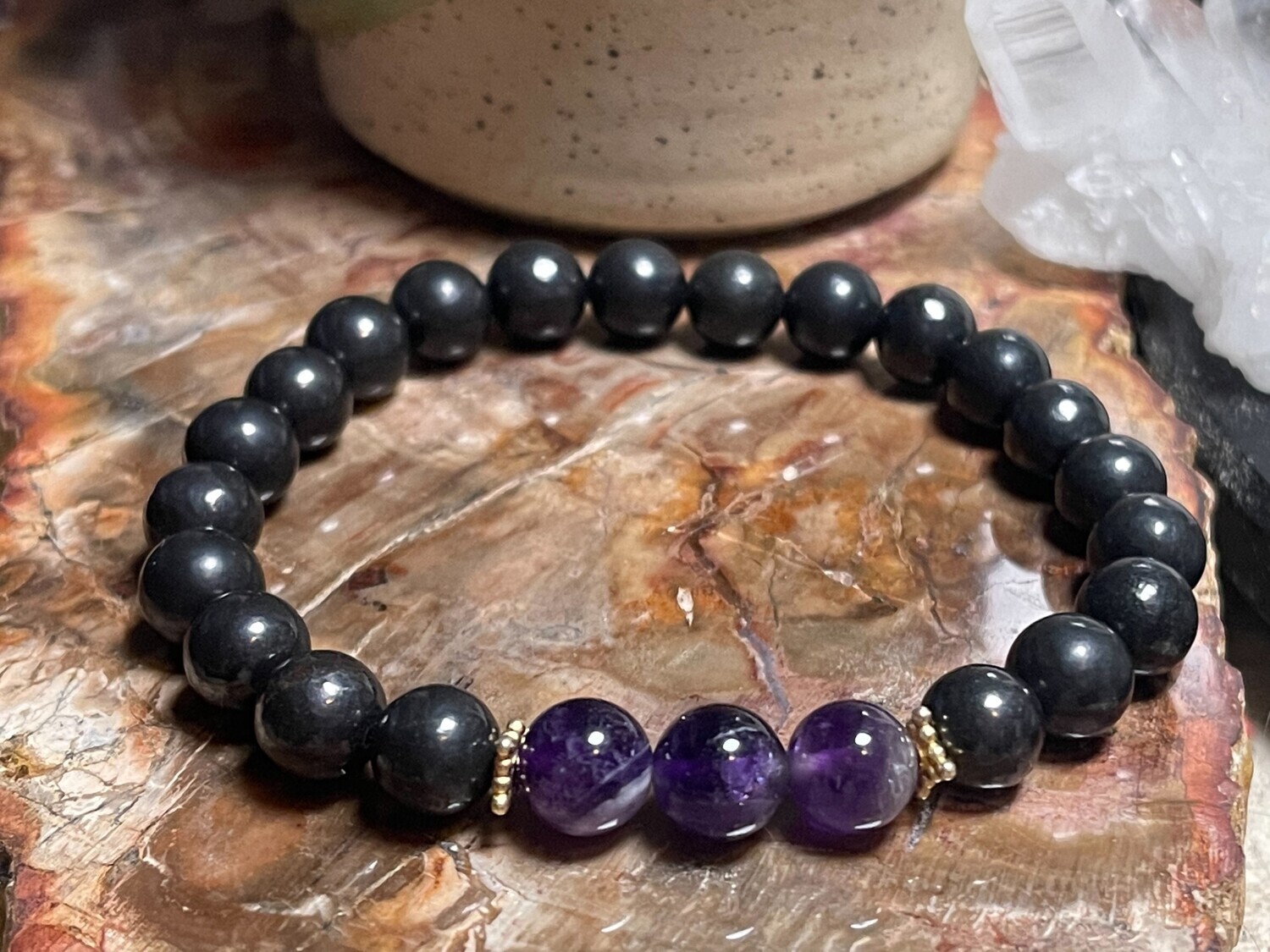 Zen - Within: Shungite, Amethyst &amp; &#39;Vermeil&#39; Stretchy Bracelet
