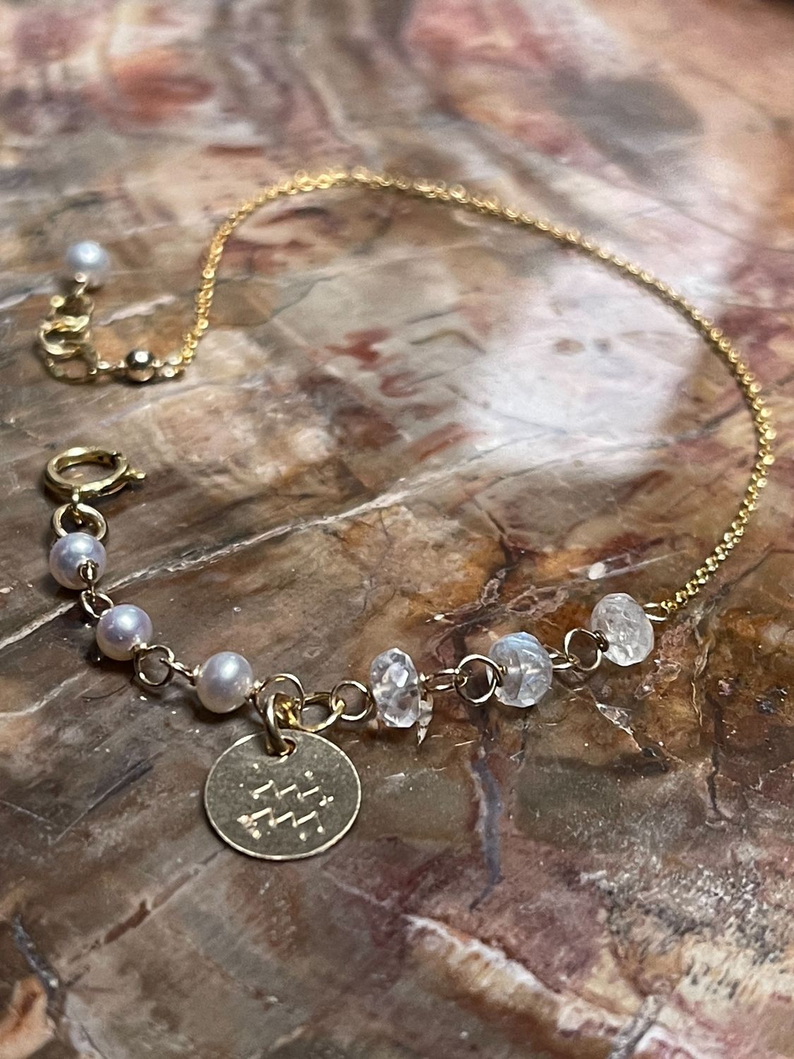 Made To Order - Zodiac Bracelet: Gold Fill with Rainbow Moonstone &amp; Freshwater Pearl