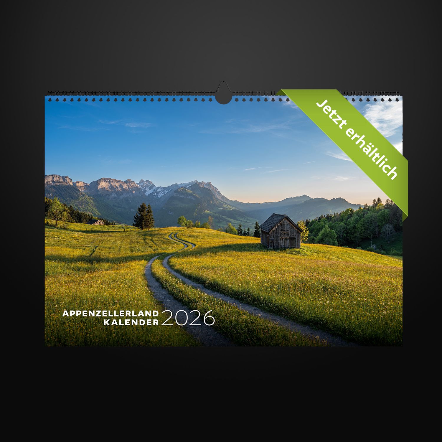Appenzellerland Kalender 2026, Titelbild, Frühlingswiese im Chäs­moos, Schwende-Rüte AI