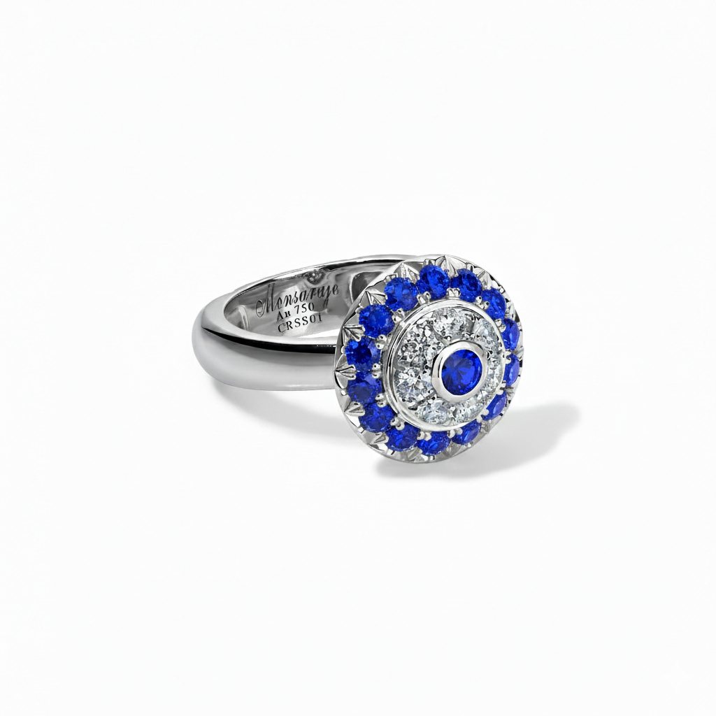 Click Diamond and Blue Sapphire Cluster Ring