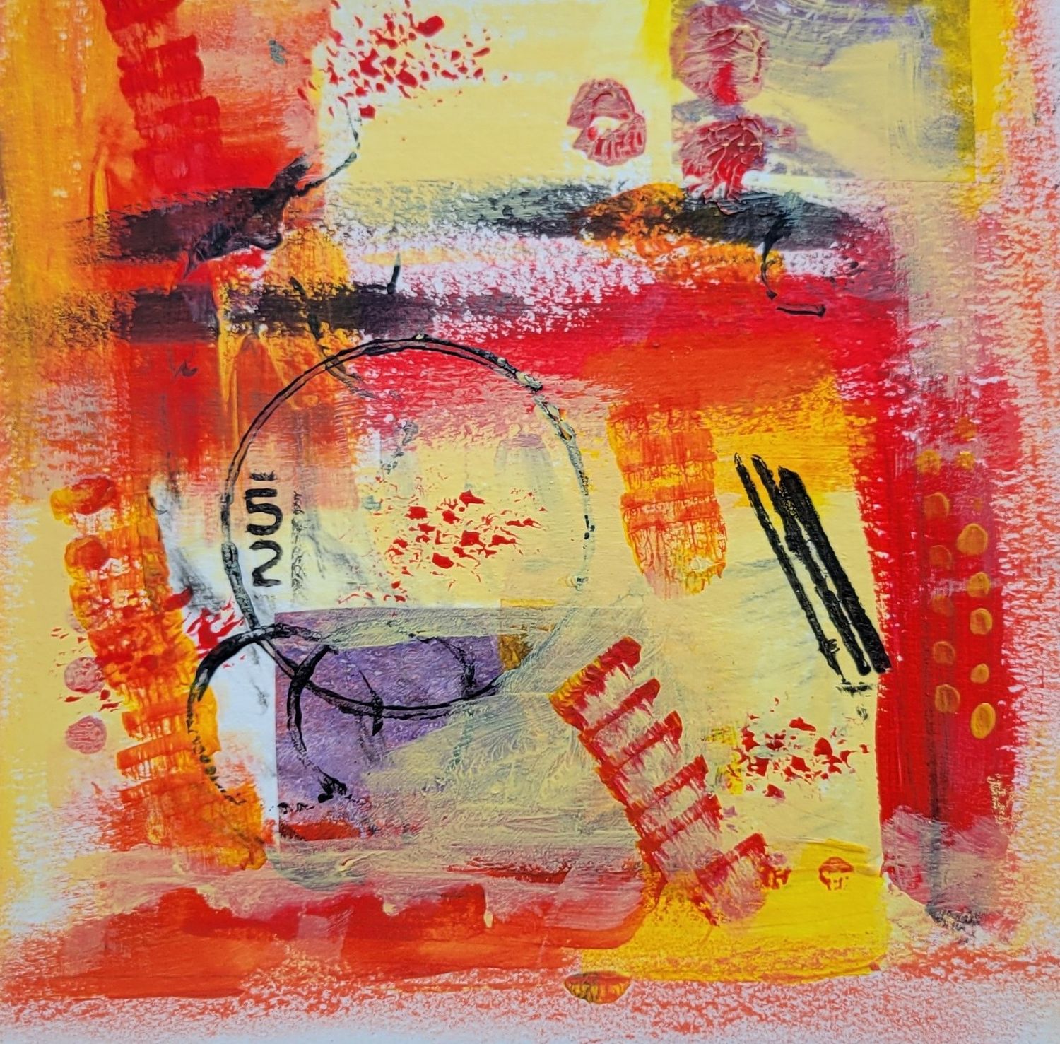 'Reds #1' - Original Mixed Media Abstract Painting, Framed 9"x9"