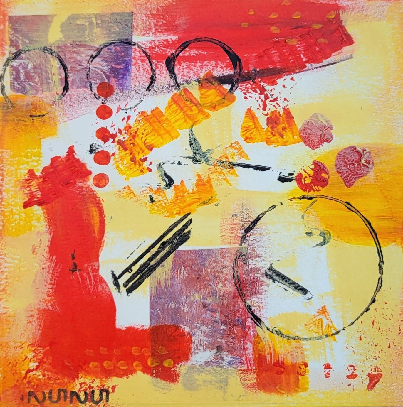 'Reds #2' - Original Mixed Media Abstract Painting,Framed 9"x9"