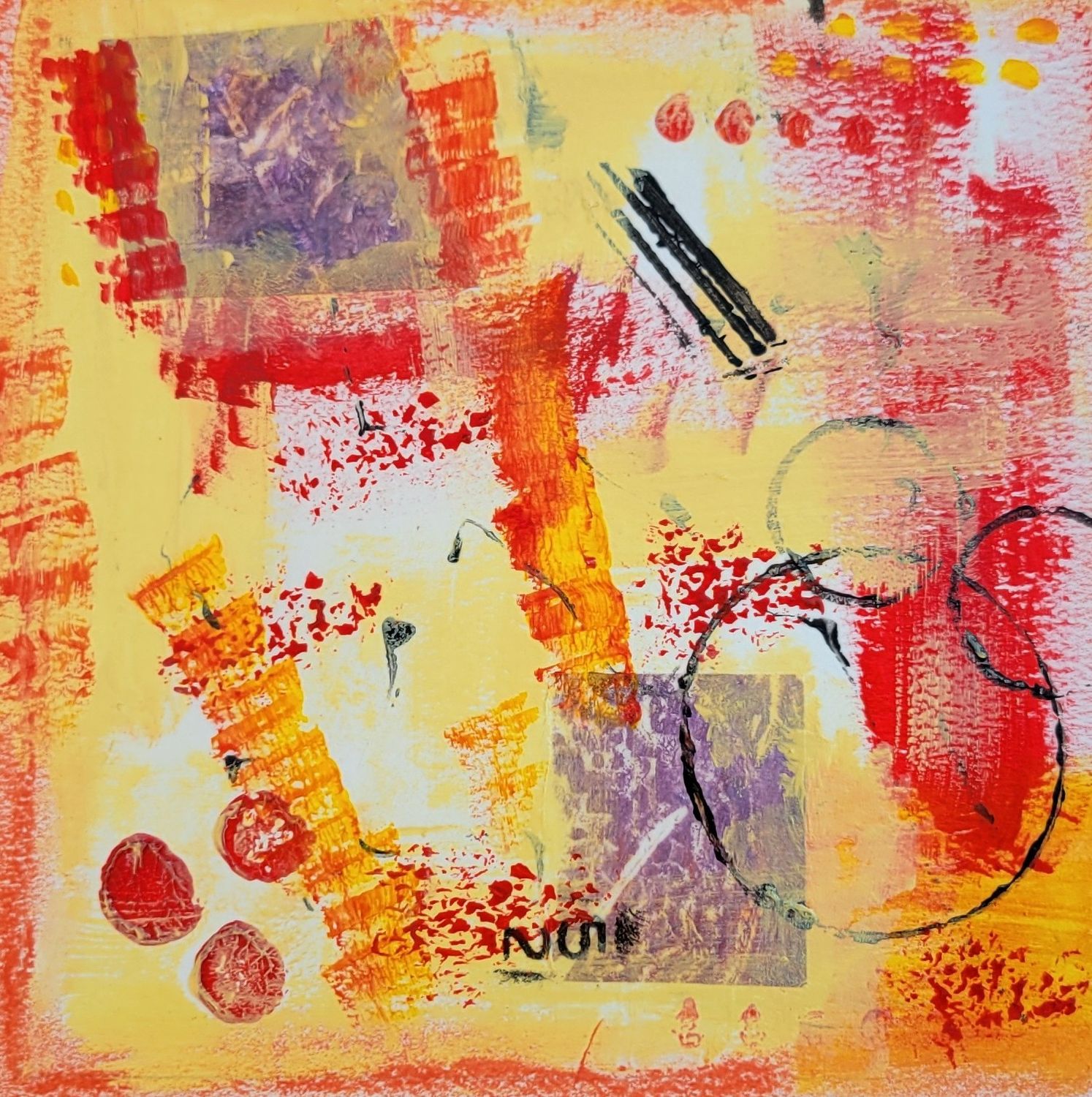 'Reds #3' - Original Mixed Media Abstract Painting, Framed 9"x9"