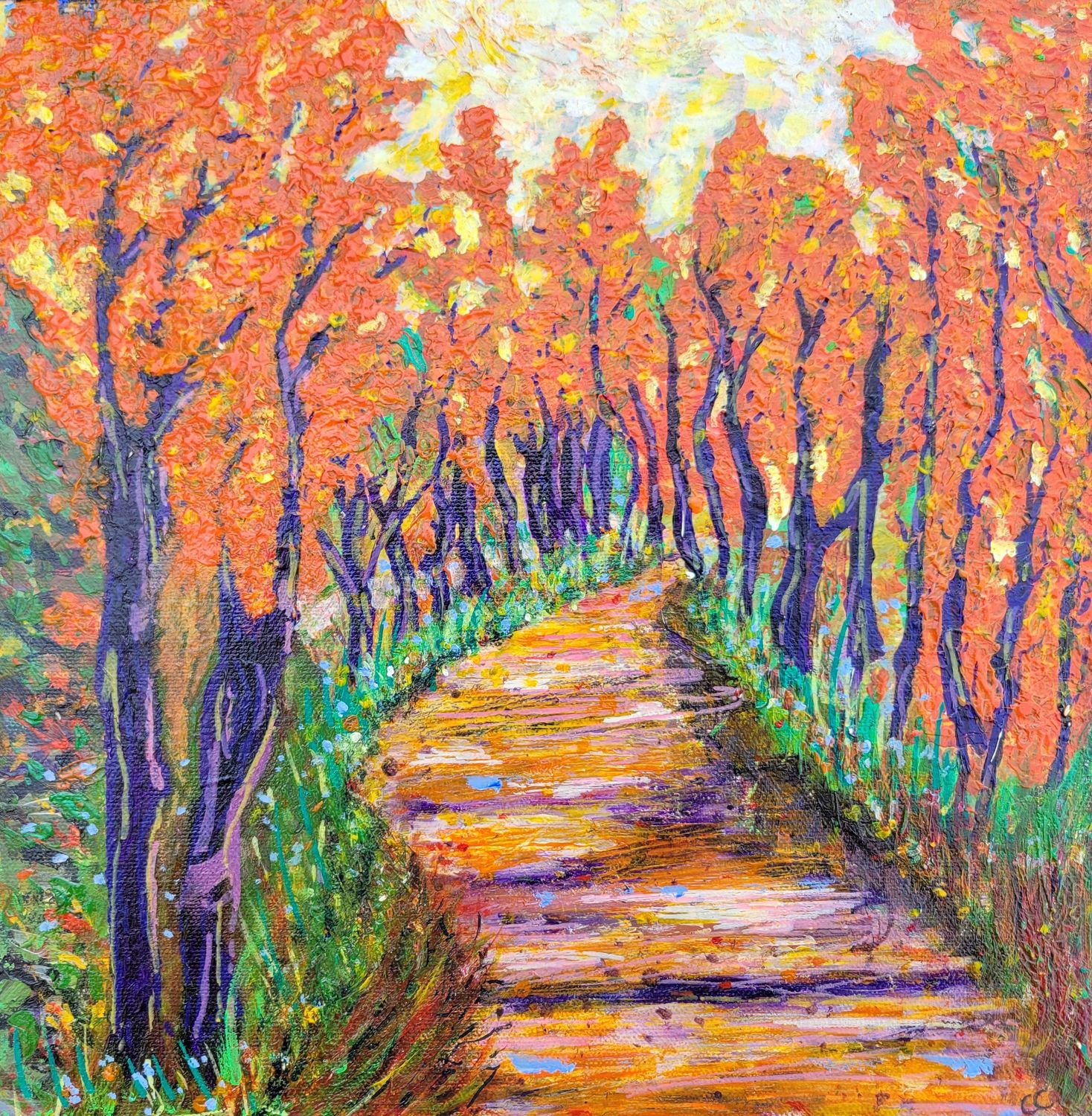 The Purple Forest - Original Mixed Media,Collage + Acrylics on Canvas Board, 12" x 12"