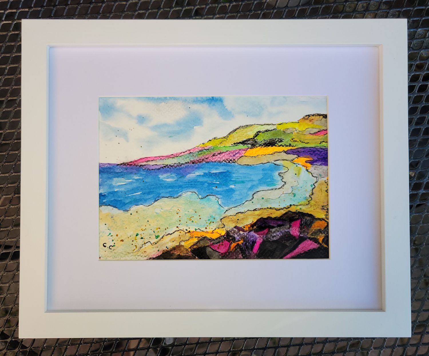 'Seascape' - Original Vibrant Watercolour Painting, Framed 11"x9"