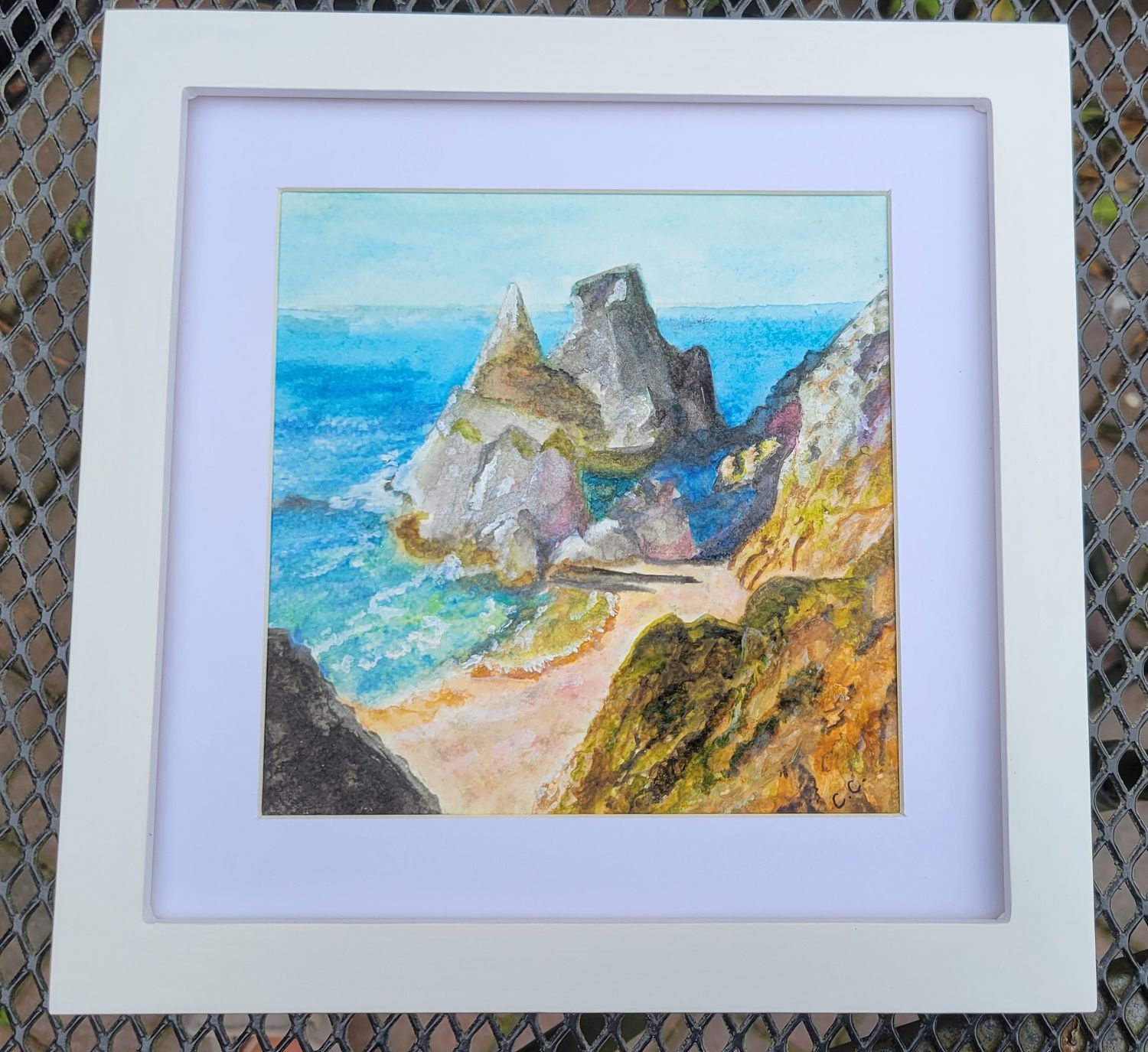 'Rocky Cove' - Original Watercolour Painting, 9" x 9" Framed