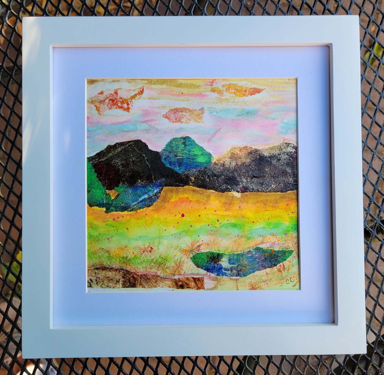 Mountains + Sunset, Mixed Media, Collage + Paint, 9" x 9" Framed