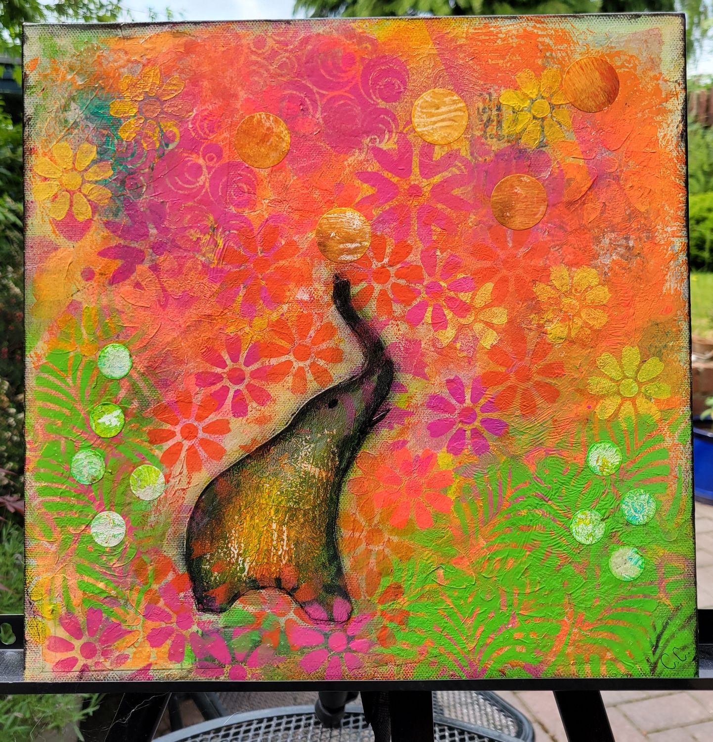 Elephant in the Flower Garden - Original Mixed Media 12" x 12" on Canvas Board