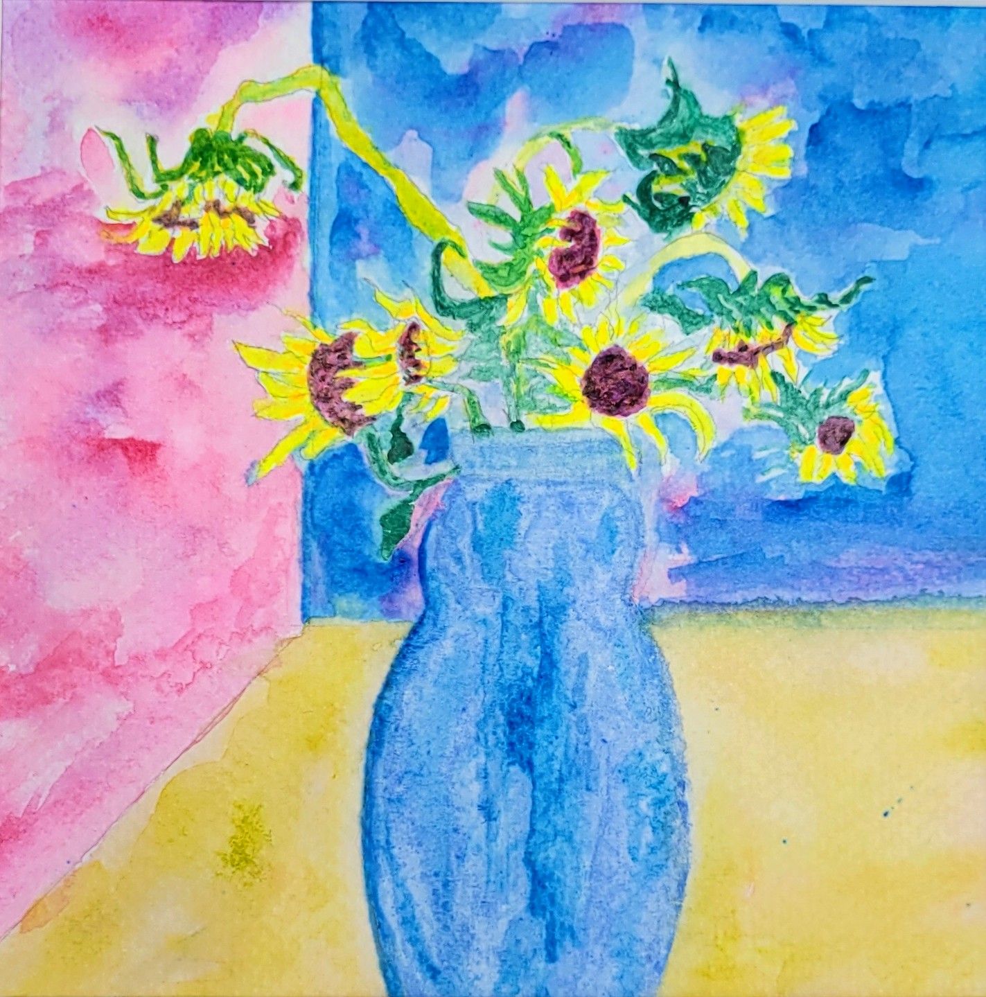 Sunflowers, Original Watercolour Painting, 9" x 9" Framed