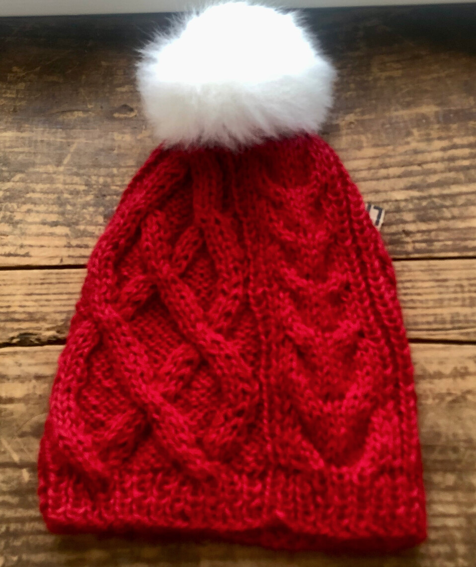Pom Pom Cable Hat, Color: Red