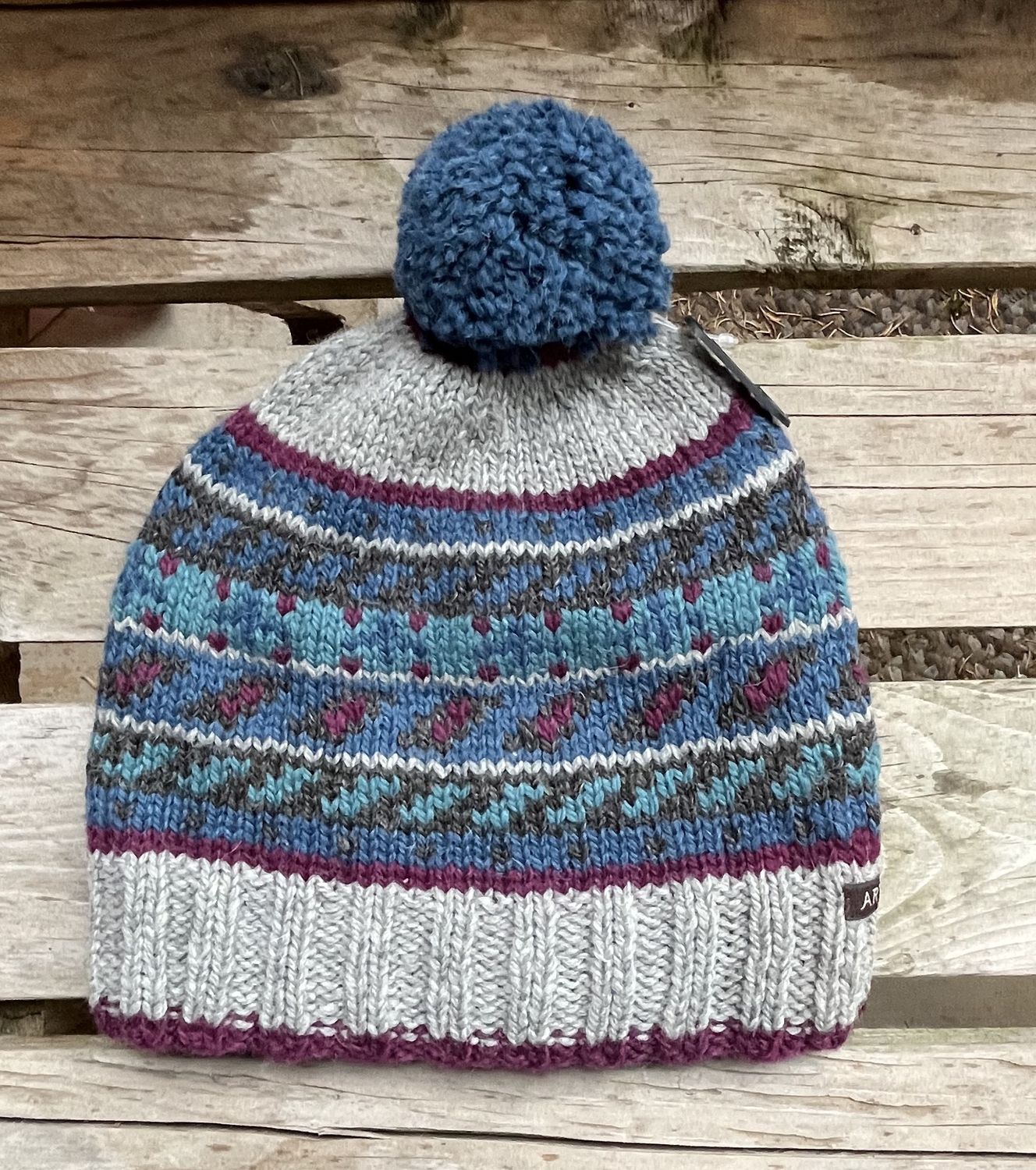 Artesania Colorful Printed Pom Pom Hat, Color: Burgundy/Teal,