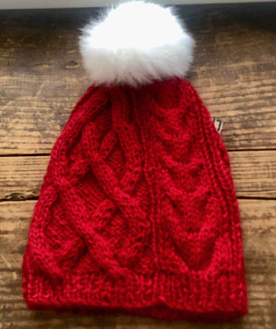 Pom Pom Cable Knit Hat, Color: Red