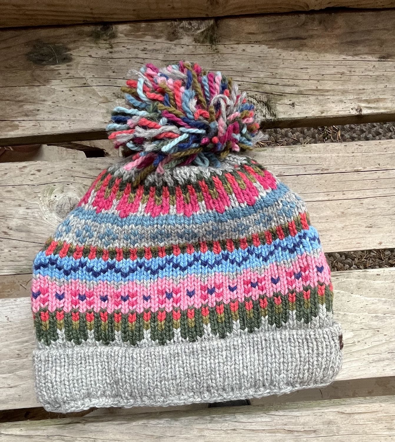 Artesania Printed Pom Pom Hat, Color: Grey/Pink
